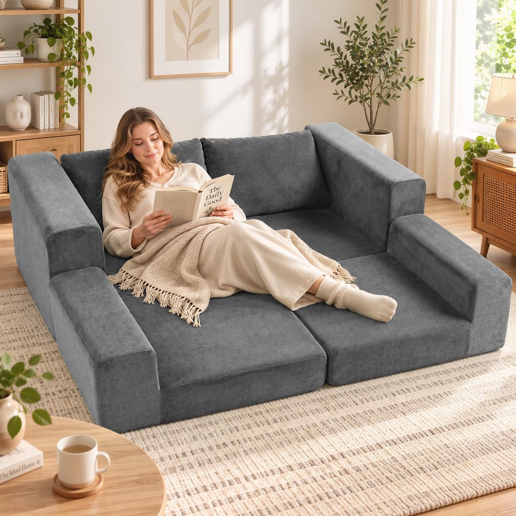 Sofa Bed 4-in-1 Sleep Function Extendable Folding Sofa Cushions 2-Seater Grey