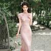 Pink Modern Chinese-Inspired Qipao Dress Women Short Sleeve Stand Collar Floral Jacquard Wearable Petite Girls