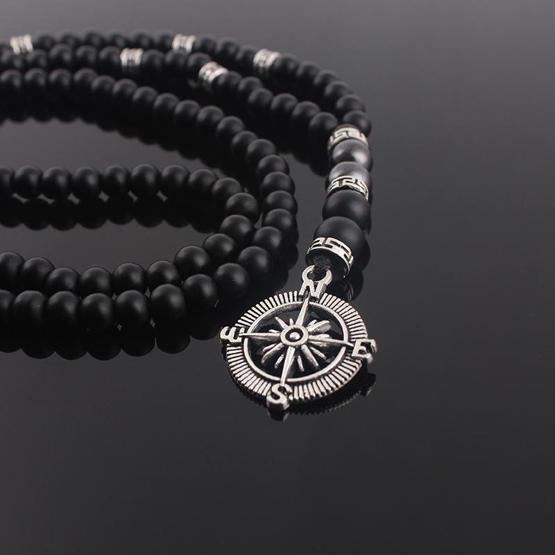 6mm Matte Black Obsidian Necklace with Compass Pendant for Men Handmade Zircon