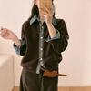 Women's Long Sleeve Knit Top O Neck Japanese Casual Sweater Faux Denim Patchwork Cardigan