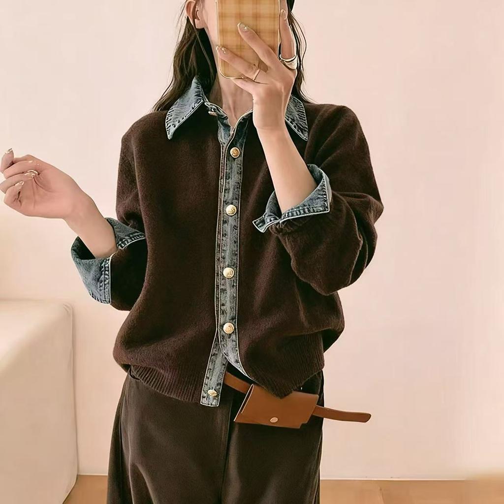 Women's Long Sleeve Knit Top O Neck Japanese Casual Sweater Faux Denim Patchwork Cardigan
