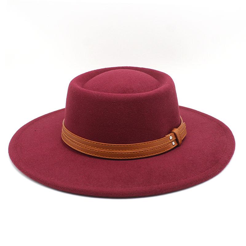 French Double Belt Buckle White Woolen Hat Flat Top Top Hat Female British Retro Style Wide Brim Felt Hat