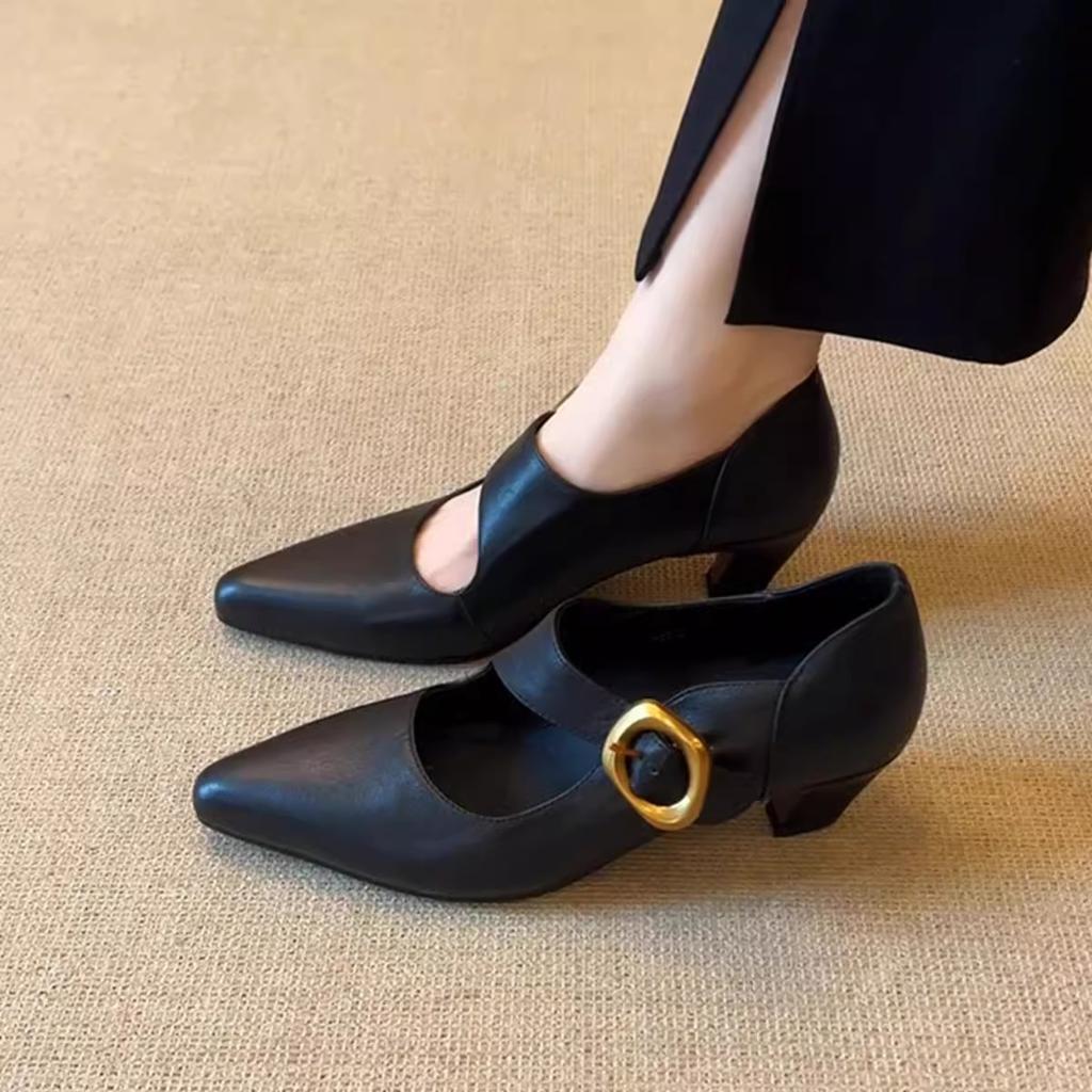 Sheepskin version~ French thick heel pointed single shoes women's shallow mouth versatile one-word buckle temperament retro Mary Jane high heels