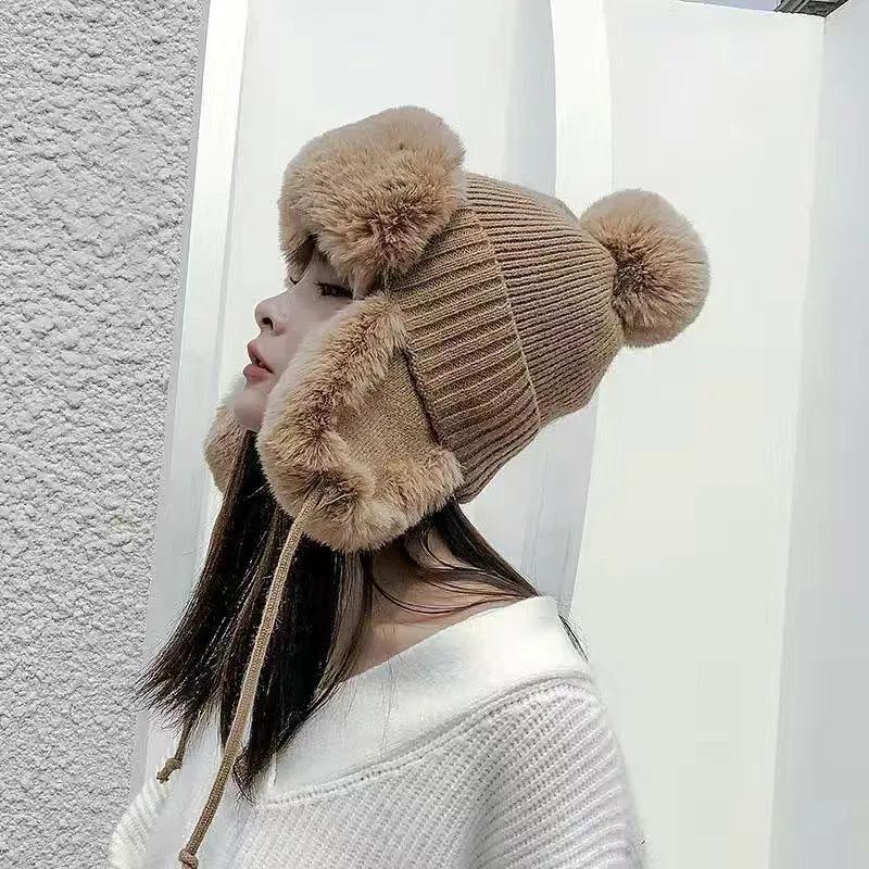 WTEMPO Wollmützen Herbst-Winter-Bombermützen Warme Plüsch-Kaschmir-Strickmützen Schöner Gehörschutz Kältefeste Mützen