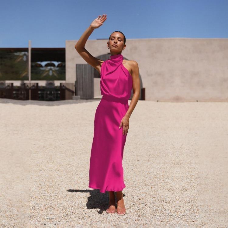 Elegant Women Summer Halter Sleeveless Long A-Line High Waist Solid Color Evening Dresses