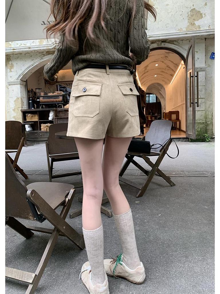 Women's 2025 Retro Suede Wide-Leg Shorts - Casual Winter Bootcut with Large Pockets