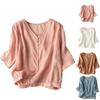 Leichte Retro-Bluse für Damen mit V-Ausschnitt, locker, aus Leinen-Baumwolle, mit Knöpfen