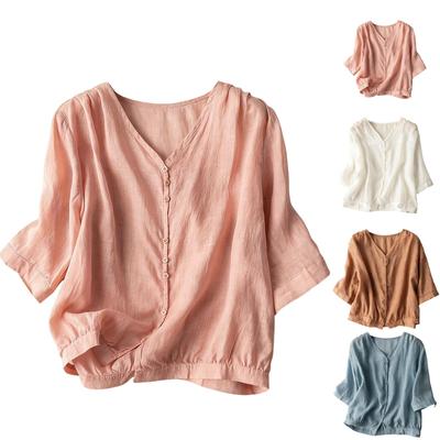 Leichte Retro-Bluse für Damen mit V-Ausschnitt, locker, aus Leinen-Baumwolle, mit Knöpfen