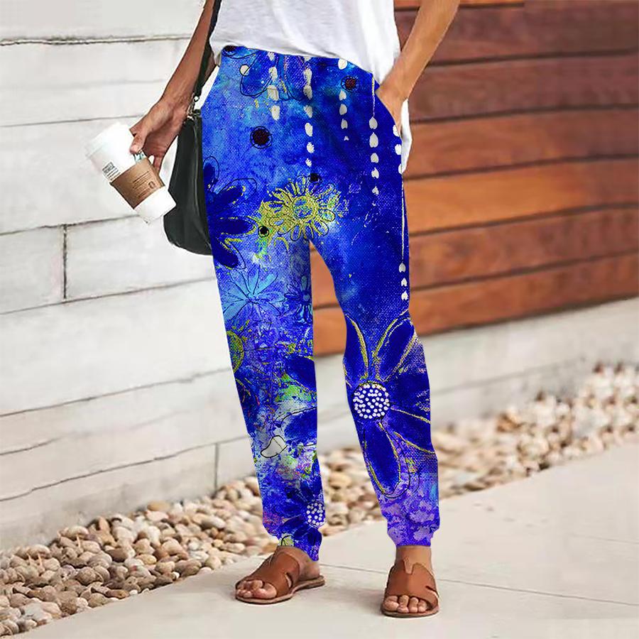 

Женские брюки с цветочным принтом на шнуровке, с эластичной талией, свободные брюки, повседневные длинные брюки, брюки с карманами 2XL синий