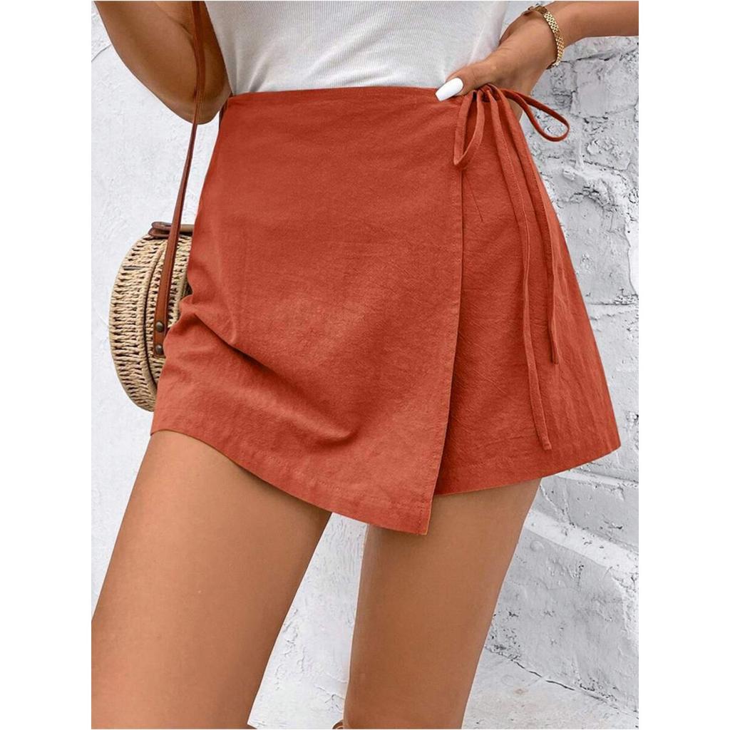 Spring Summer New Solid Color Tie Waist Elastic High Waist A-line Skort Women Casual Summer Shorts Skirt