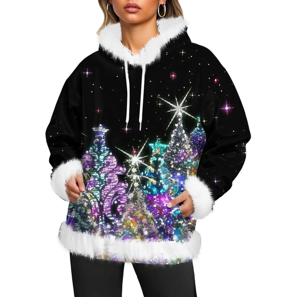 Women's Christmas Casual Fleece-Lined Hoodie With Long Sleeves And Pockets Sweatshirt Top