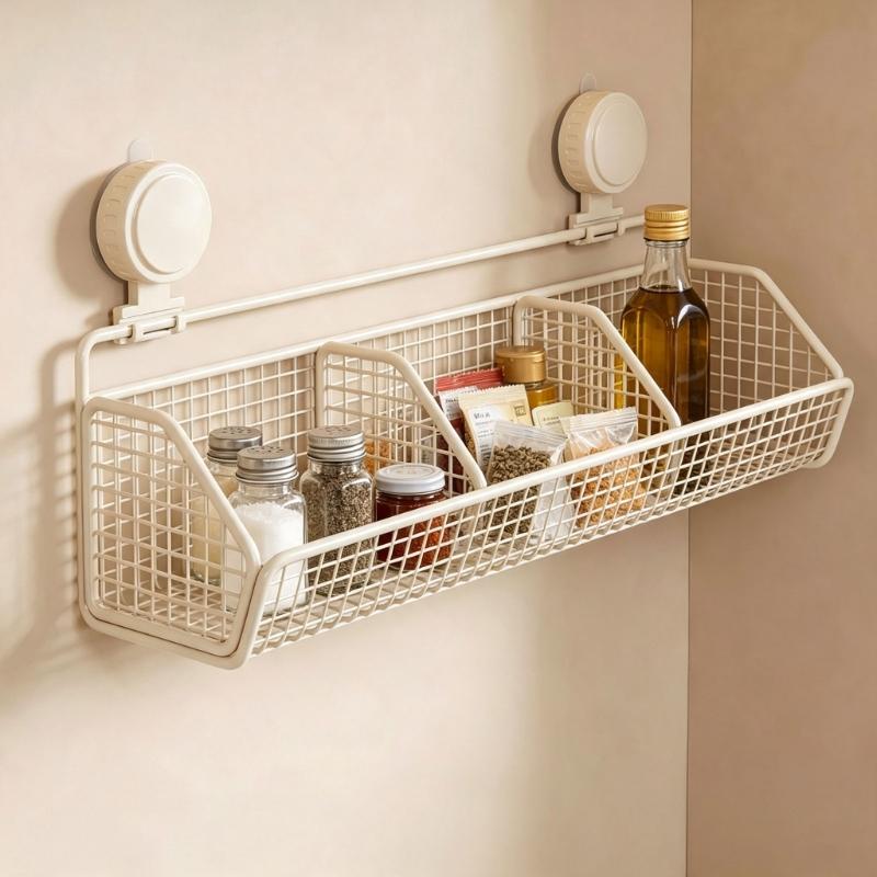 Suction Cup Wall Storage Basket with Iron Wire Frame for Kitchen Bathroom Countertop and Sink Side Storage Use