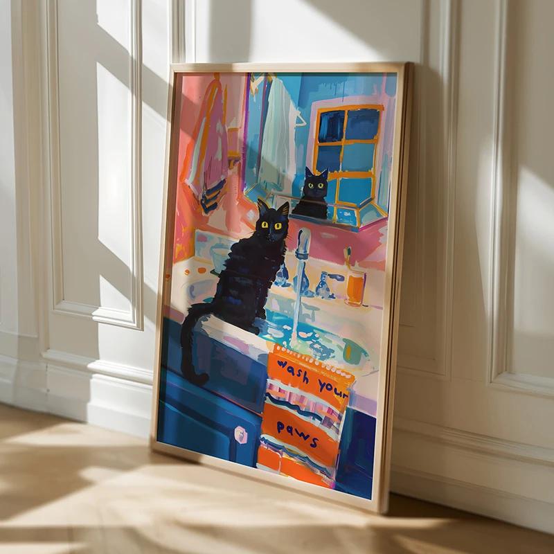 Poster Decorazione Bagno Massimalista Pittura su Tela Gatto Trendy Stampa Dopamina Estetica Kitsch Quadri per Decorazione Casa