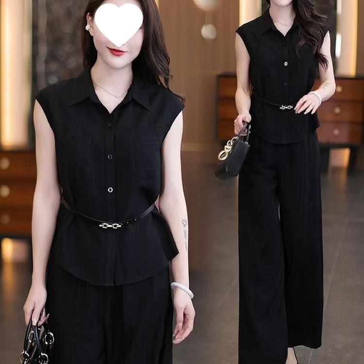 Fashionable Suit for Women in Summer, Stylish, Slimming, Flesh-covering Shirt, Wide-leg Pants, Elegant Two-piece Set