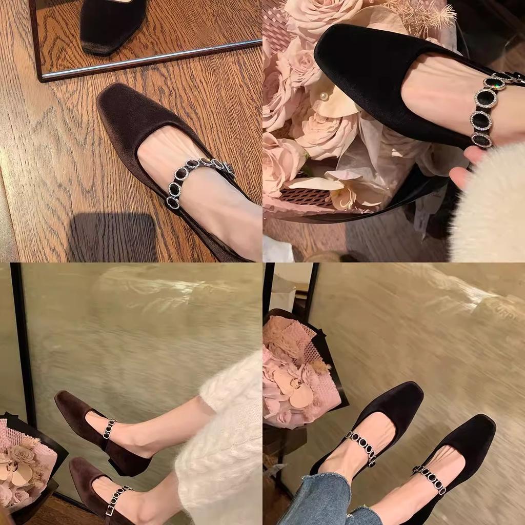 Sheepskin version~ French temperament rhinestone word with suede Mary Jane shoes square head ballet shoes shallow mouth flats