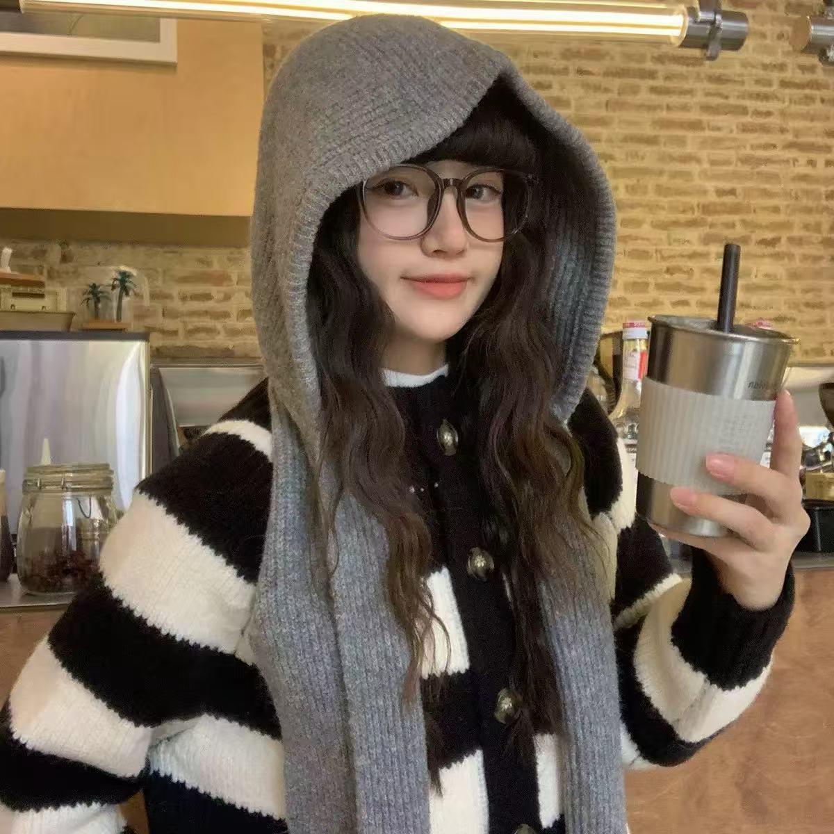 

Women s Winter Knitted Hat and Shawl with Neck Protection Scarf