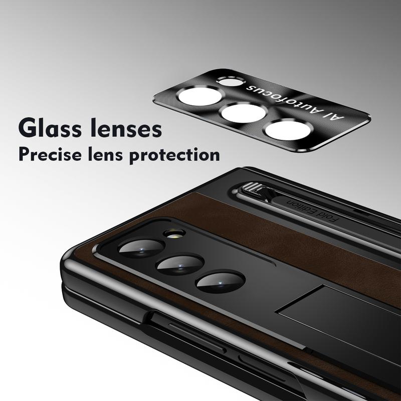 Leather Bracket Pen Slot With Stylus Case For Samsung Galaxy Z Fold7 6 5 4 Glass Screen Hinge Protection Cover For Z Fold 6 Slim