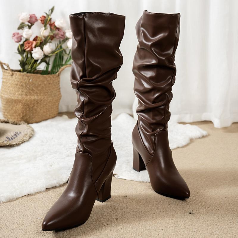 Fashion Vintage Autumn Winter Pleated Women Long Boots Fashion Thick Heel Knee High Booties Woman Mordern Botas Altas