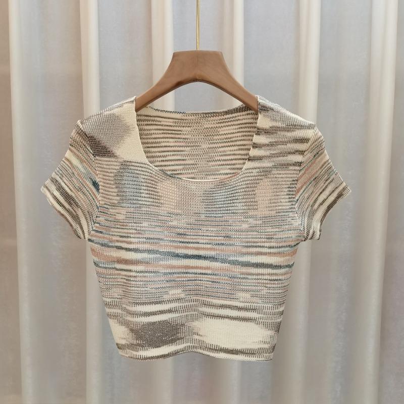 Sommer Neu Koreanischer Stil Schlichte Mode Regenbogenfarben Weich Wachsartig Quadratischer Kragen Kurzärmliger Pullover Damen T-Shirt Top