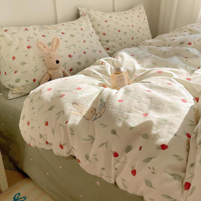 100% Pure Cotton Bed Four-piece Set Skin-friendly Water Wash Bed Sheet Quilt Cover Pillowcase Set