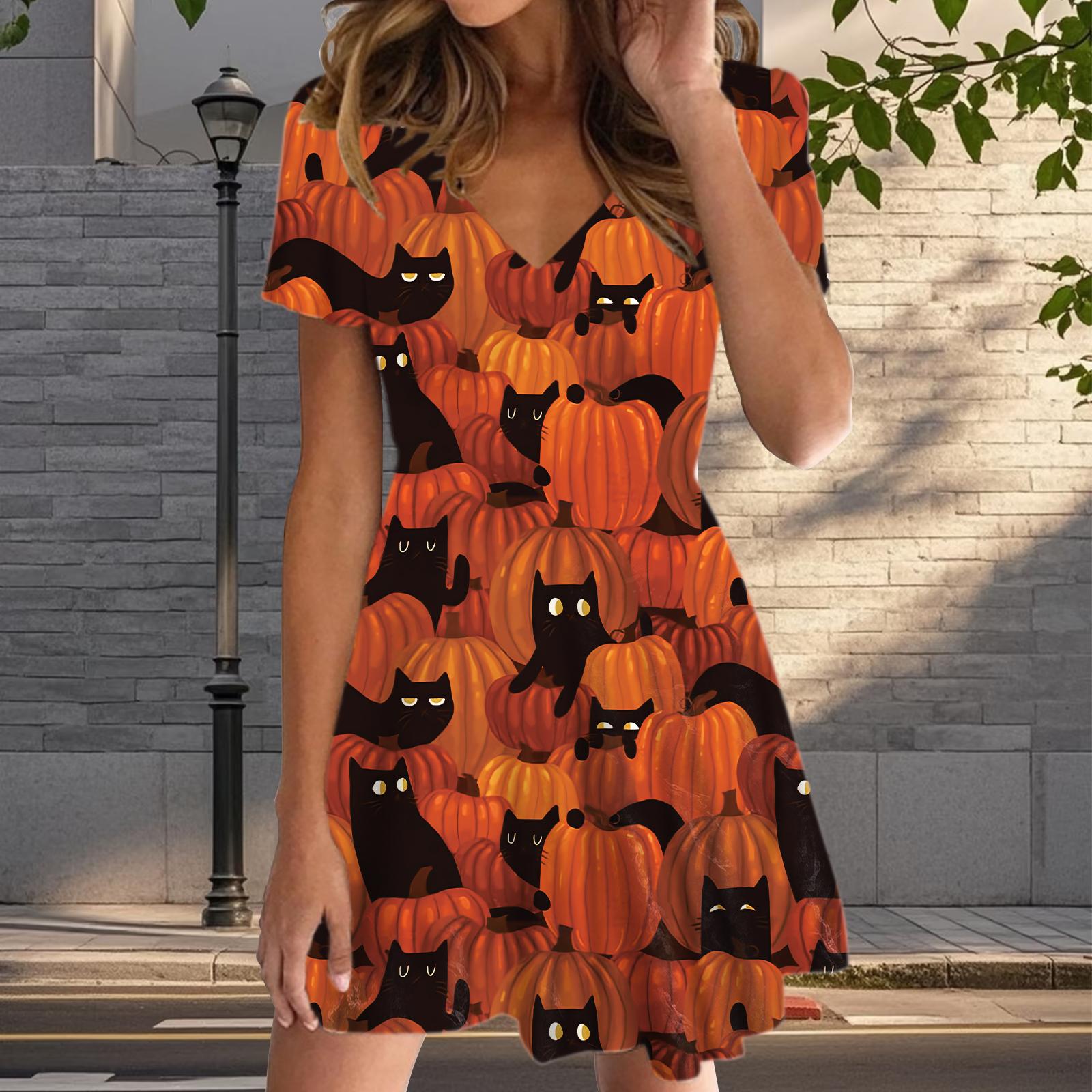 

Летняя мода женские V-образный вырез короткий рукав тыква узор печатное платье сексуальные короткие юбки платья S оранжевый