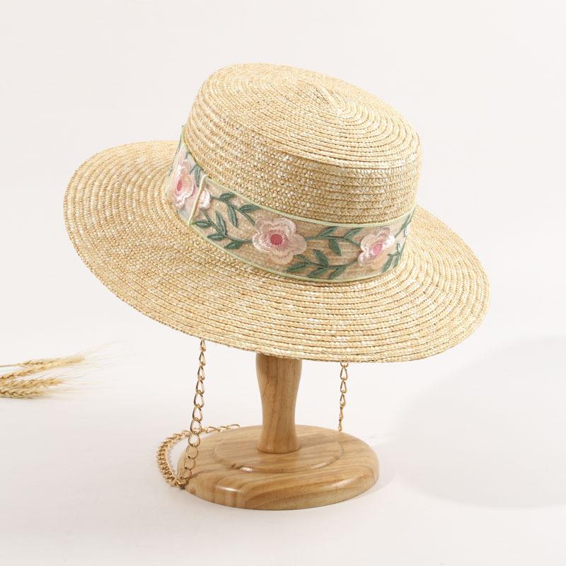 

Ins Chic Summer Natural Straw кружево Цветочная вышивка Лента Золотая цепь Праздничная женская фетровая кепка Женская шляпа от солнца для отдыха head size 57cm