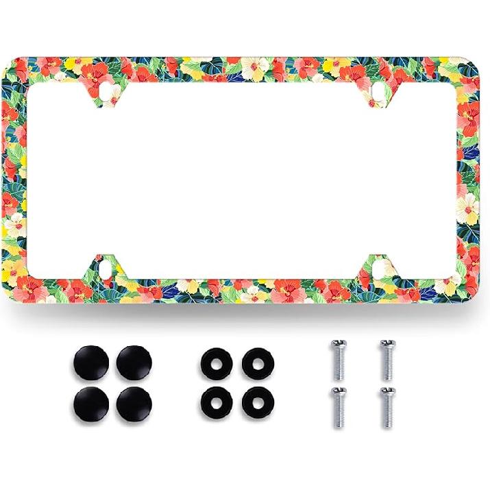 Hummingbird License Plate Frame Cherry Blossom Pink Flower License Plate Holder Colorful License Plate For Car Decoration Stainless Steel Bird Car