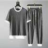 Men's Summer Elastic Breathable Casual Suit Thin Round Neck Pleated Short Sleeved T-shirt+pants Two-piece Set