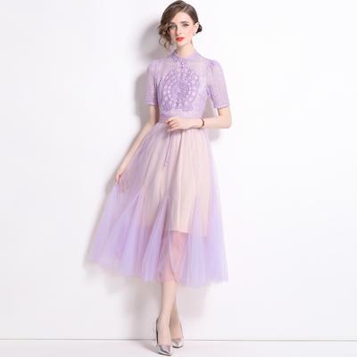 Summer High Quality Vintage Mesh Patchwork Lace Embroidery Dress Women's Stand Short Sleeve Hollow Out Belt Wedding Party Robe