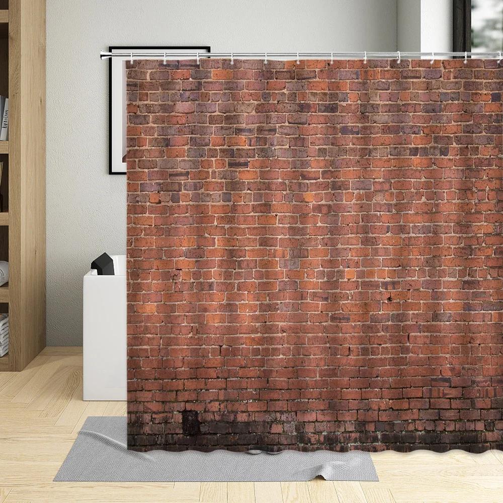 Stone Wall Brick Texture Shower Curtain Set Retro Geometric Red Gray White Bathroom Decor Bathtub Screen Curtains Polyester Hook