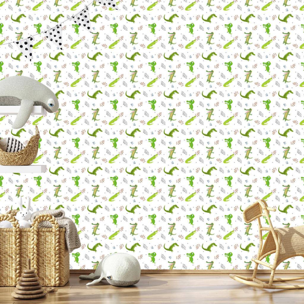 Crocodile wallpaper white, lime and light gray 50x1000
