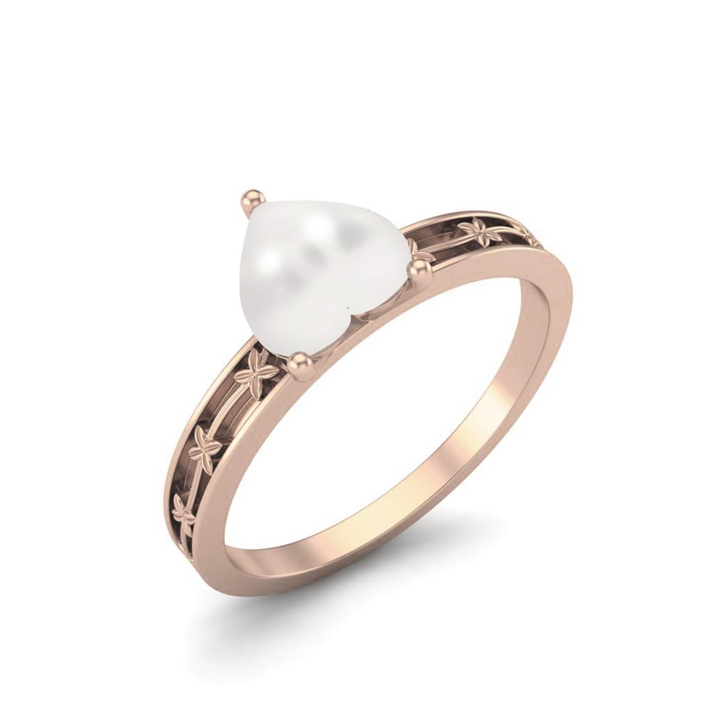 925 Sterling Silver Rose Vermeil 0.75 Cts Heart Shape Pearl Solitaire Flower Engraved Shank Wedding Women Ring