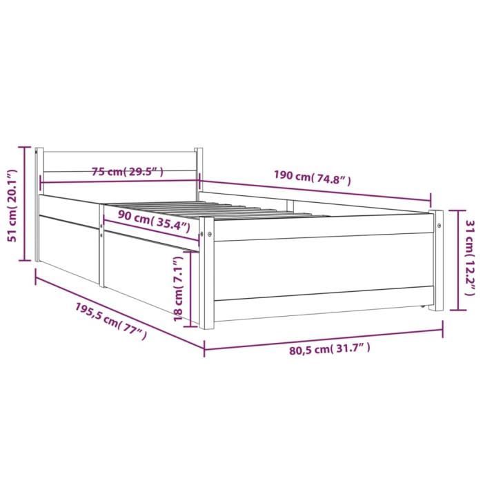 VidaXL Cadre de lit avec tiroirs 75x190 cm Petit simple 3103473