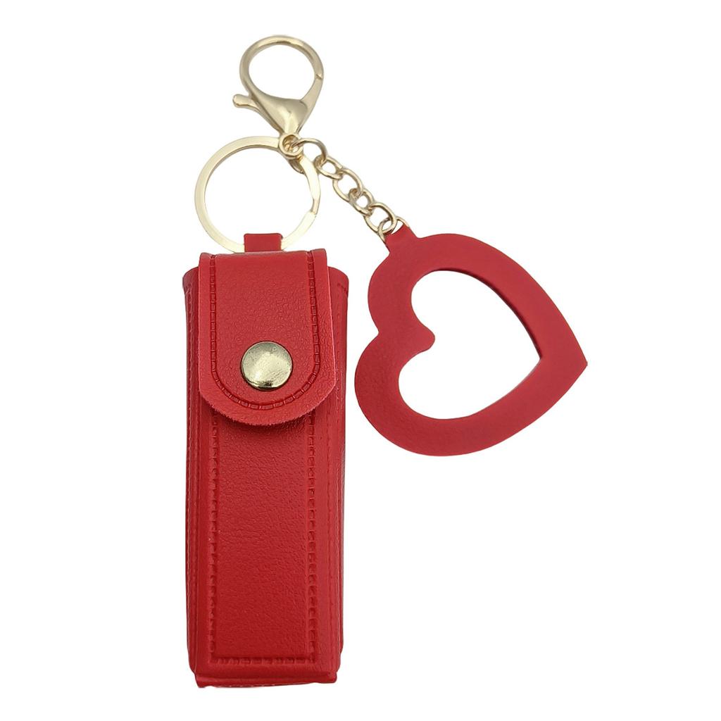 Portable PU Leather Lipstick Holder Keychain With Heart-Shaped Mirror For Women Girls Handbag Charms Accessory Creative Gift