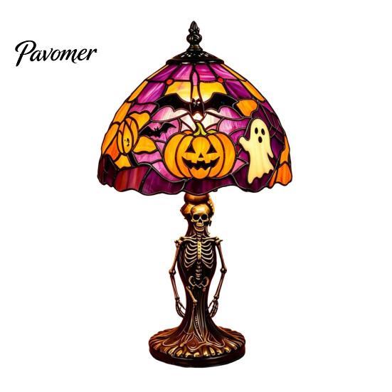 Interior Gothic Lighting Halloween Pumpkin Bat Table Lamp, Stained Glass Reading Light, Night Light Cozy Nightstand for Bedroom Bookshelf, Seasonal