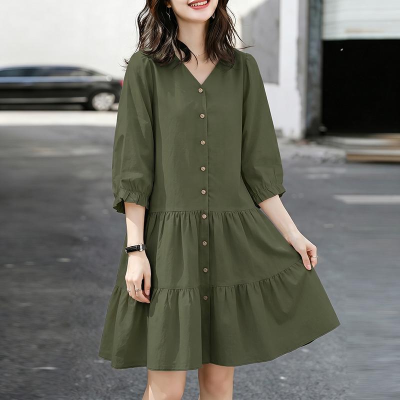 

ZANZEA Women Summer V-Neck Solid Color 3/4 Sleeve Loose Dress 5XL армія зелений колір
