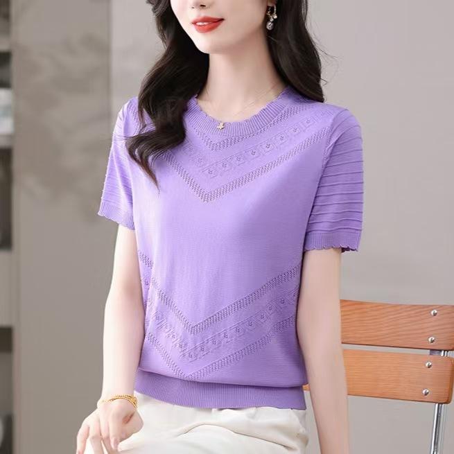 Summer Round Neck Hollow Ice Silk Knitted Shirt for Women Women's Short Sleeved T-shirt Loose Top