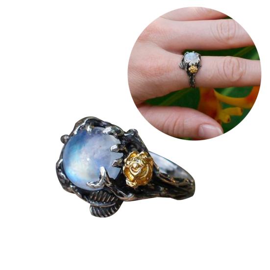 Vintage Faux Moonstone Round Leaves Women Inlaid Rose Ring Party Jewelry Decor