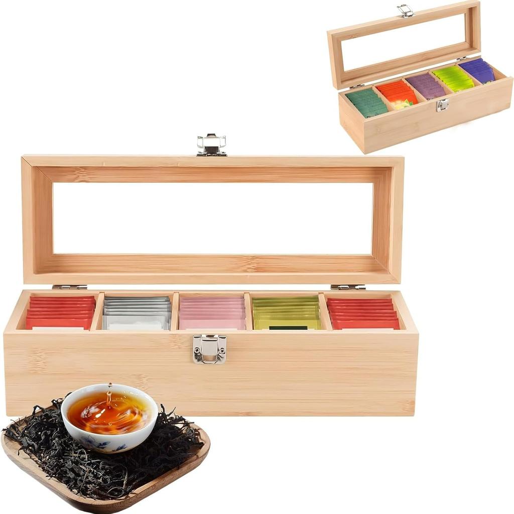 Tea Box,Wooden Detachable partition Tea Storage Box,Tea Bag Box Tea Bag Organizer with 5 compartments,Tea Box Organiser Storage,Tea Chest Container
