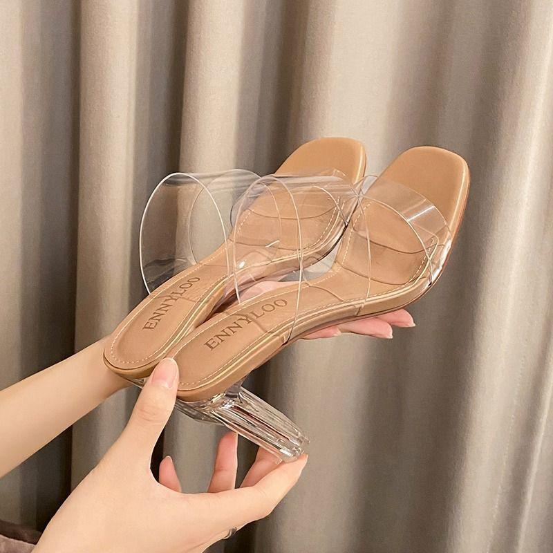 This Year's New Cool Slippers Women's Wear 2025 Summer Internet Celebrity Super Fire Transparent Crystal and Thick Heel High Heel One-word
