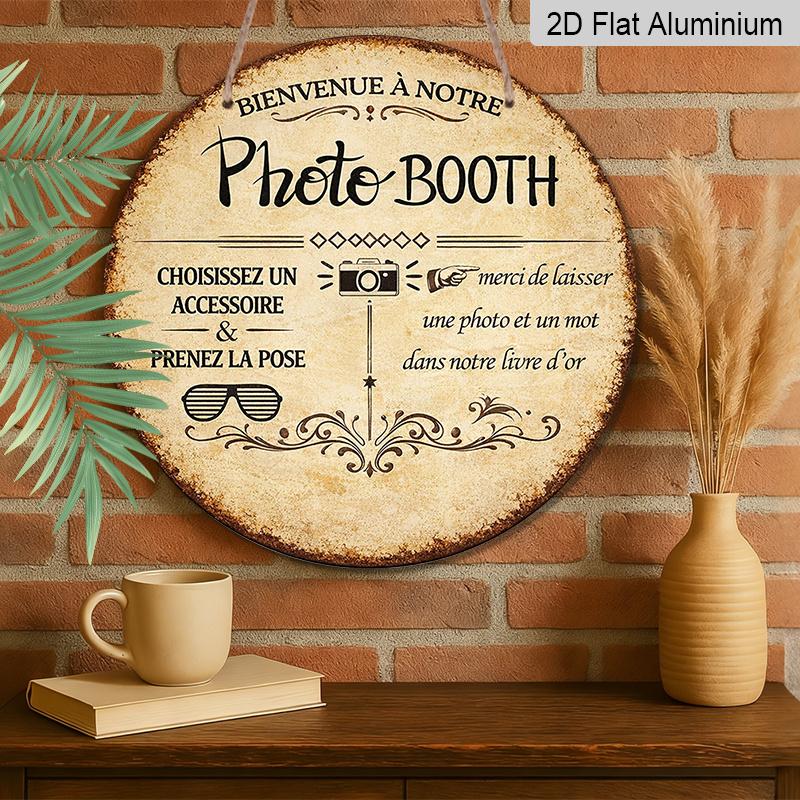 2D Flat, 1pc Suitable for Wedding & Birthday Party Photo Booth Sign - Vintage French/English Retro Aluminum Wall Decor, Round Photo Booth Label for
