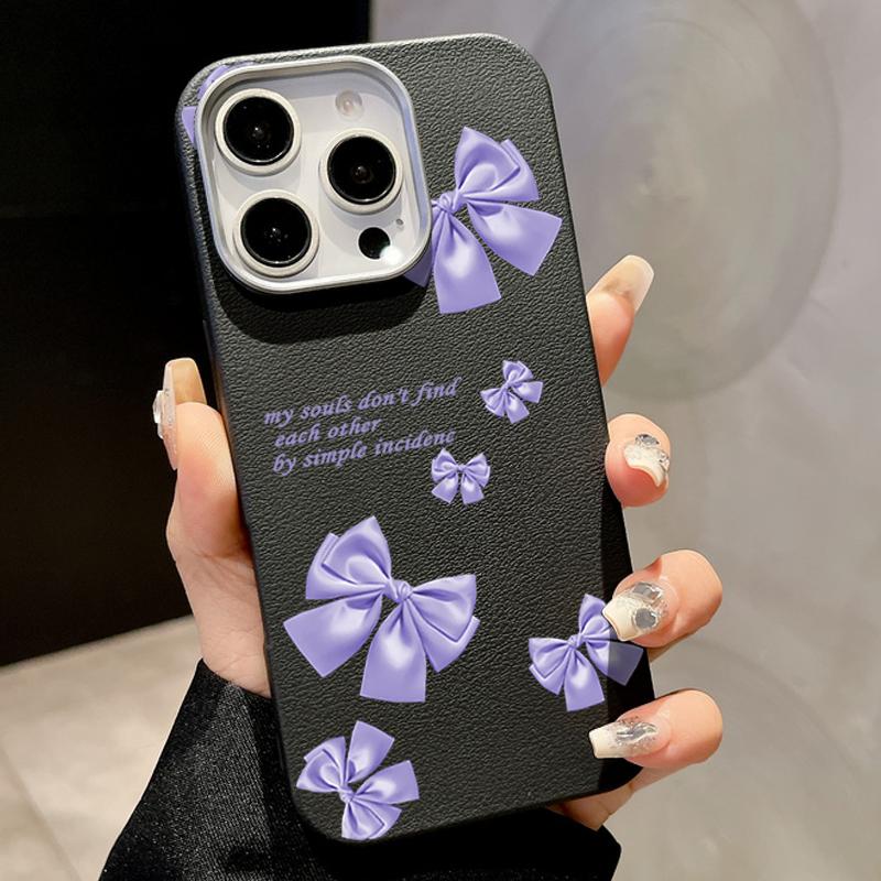 Purple Bowknot Print TPU Leather Texture Slim Magnetic Case For iPhone 16 Pro Max 15 14 Pro 13 12 11 for MagSafe Matte Shockproof Soft Phone Cover