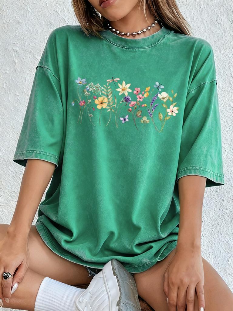 Flowers Butterflies Dragonflies Washed Cotton T-Shirts Womens Oversize T Shirts Casual Short Sleeve Summer O-Neck Tops