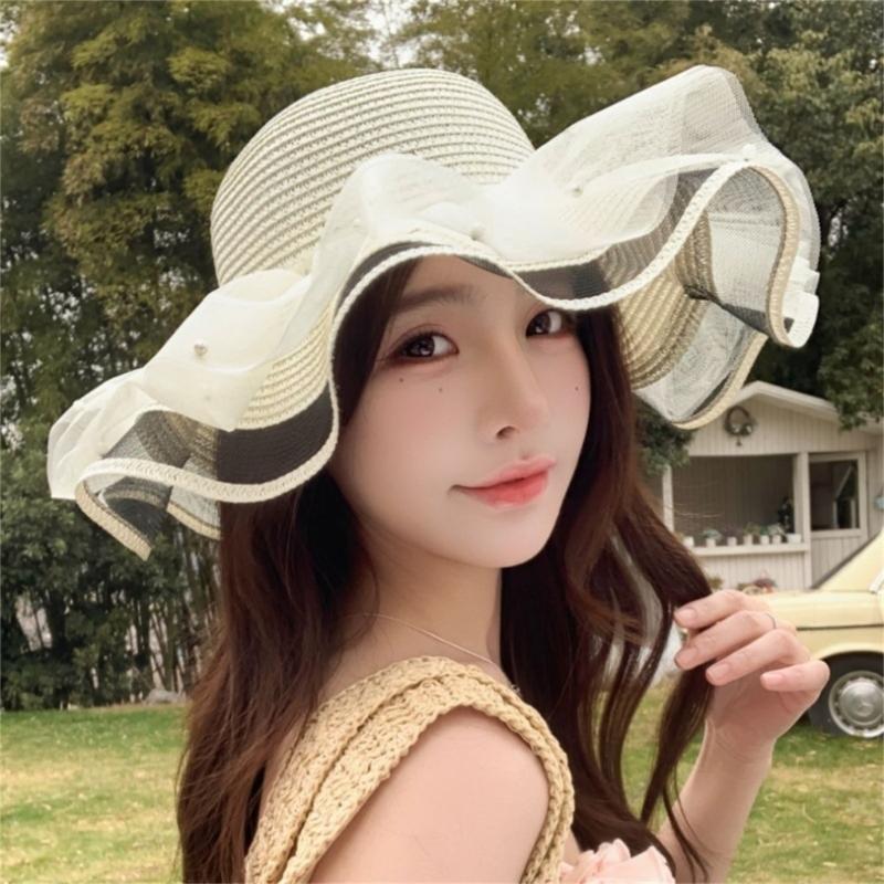 Elegant Sun Hat For Women Paper Straw Breathable And Foldable Lace Bowknot Wide Brims Panama Hat for Camping Travel