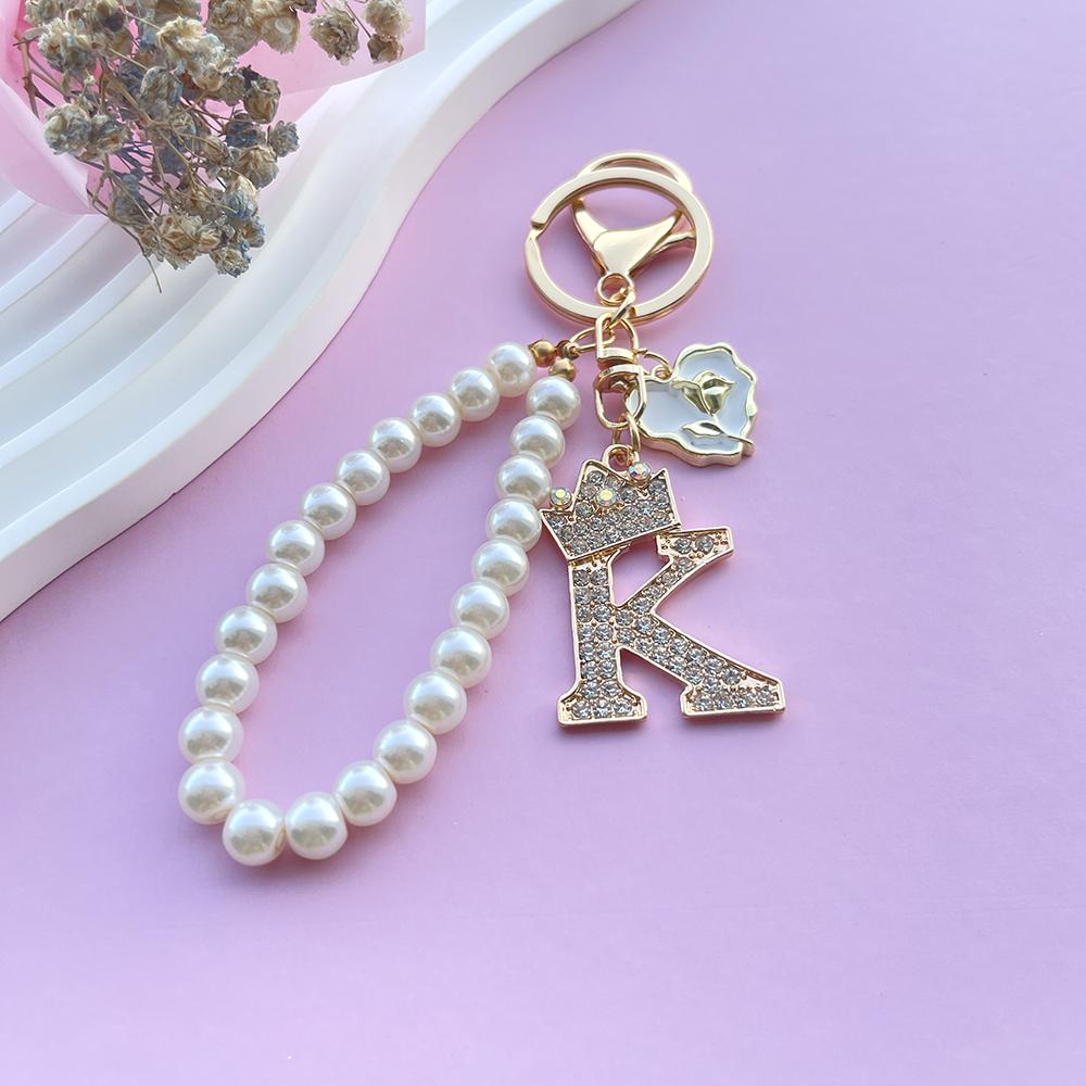 Boutique Crown A-Z 26 Initial Letters Rose Keyring Crystal Faux Pearl Resin Beaded Keychain Bag Pendant Women Girl Gifts Jewelry