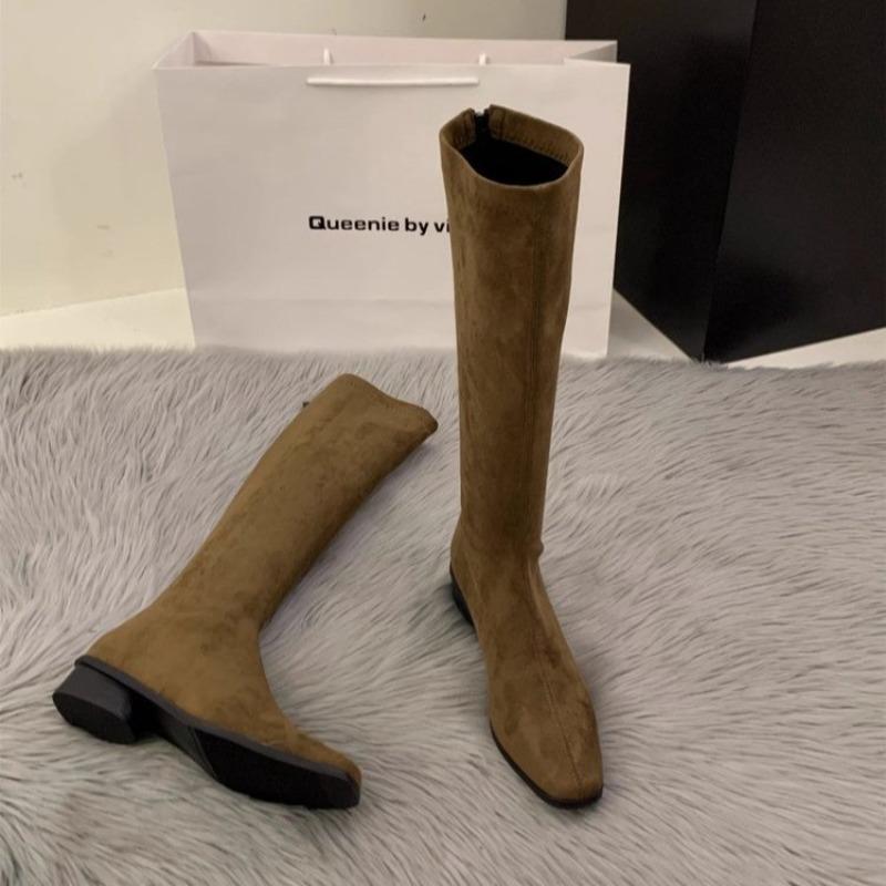 Solid Color Classic Designer Retro Women's Knee-high Boots Winter Fashion Square Low-heeled Shoes Slim Long Botas
