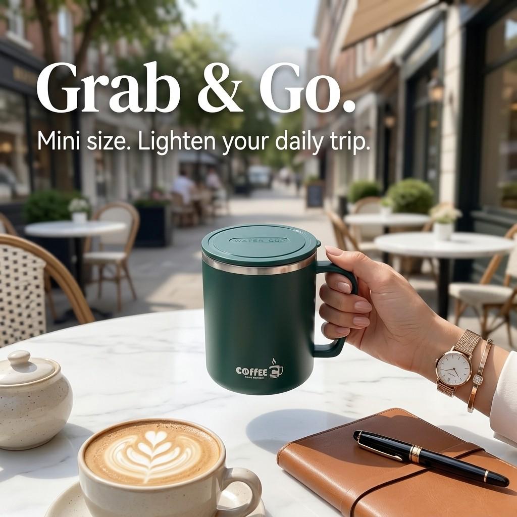 Insulated Travel Coffee Mug with Lid and Handle 304 Stainless Steel Tumbler Portable Leakproof Thermal Cup Tea Water Bottle