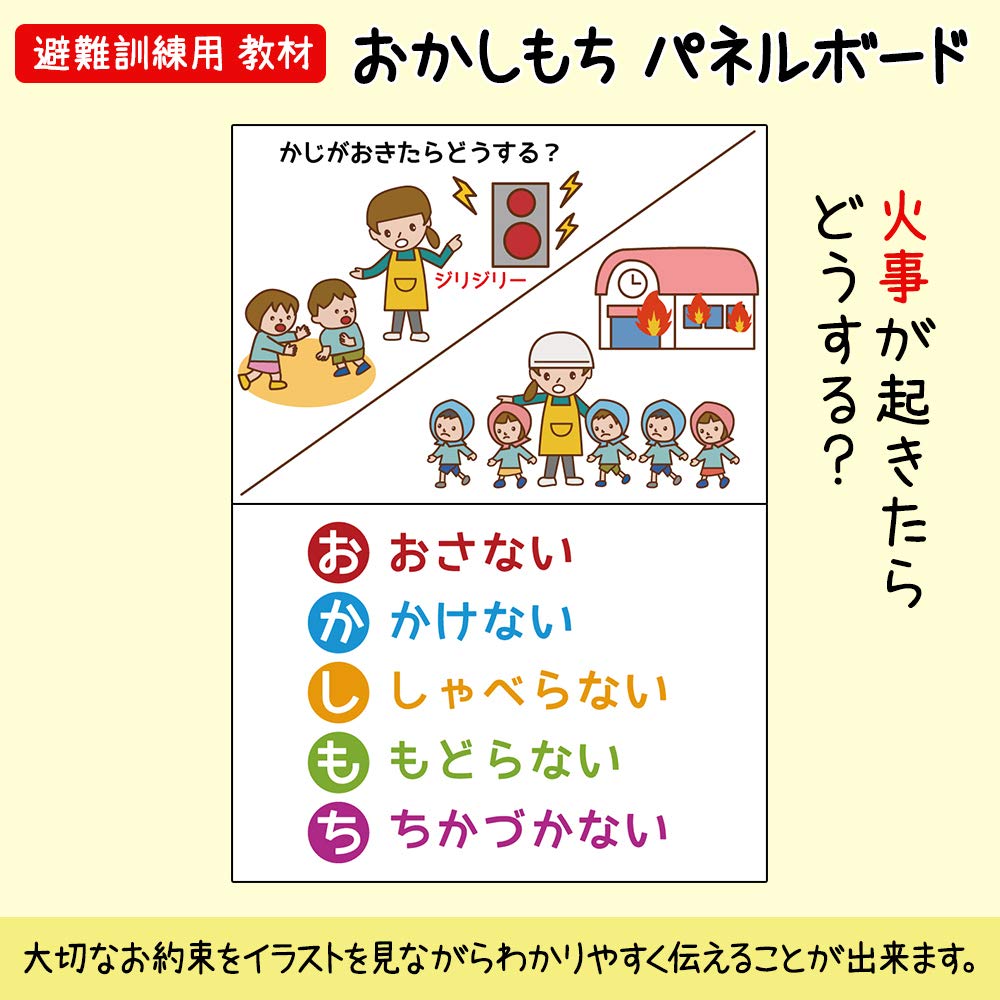 Illustrated Panel Board [Okashimochi] Fire Evacuation Practices, Disaster Prevention, Evacuation Drills, Ready to Use, Indoor/Outdoor Use