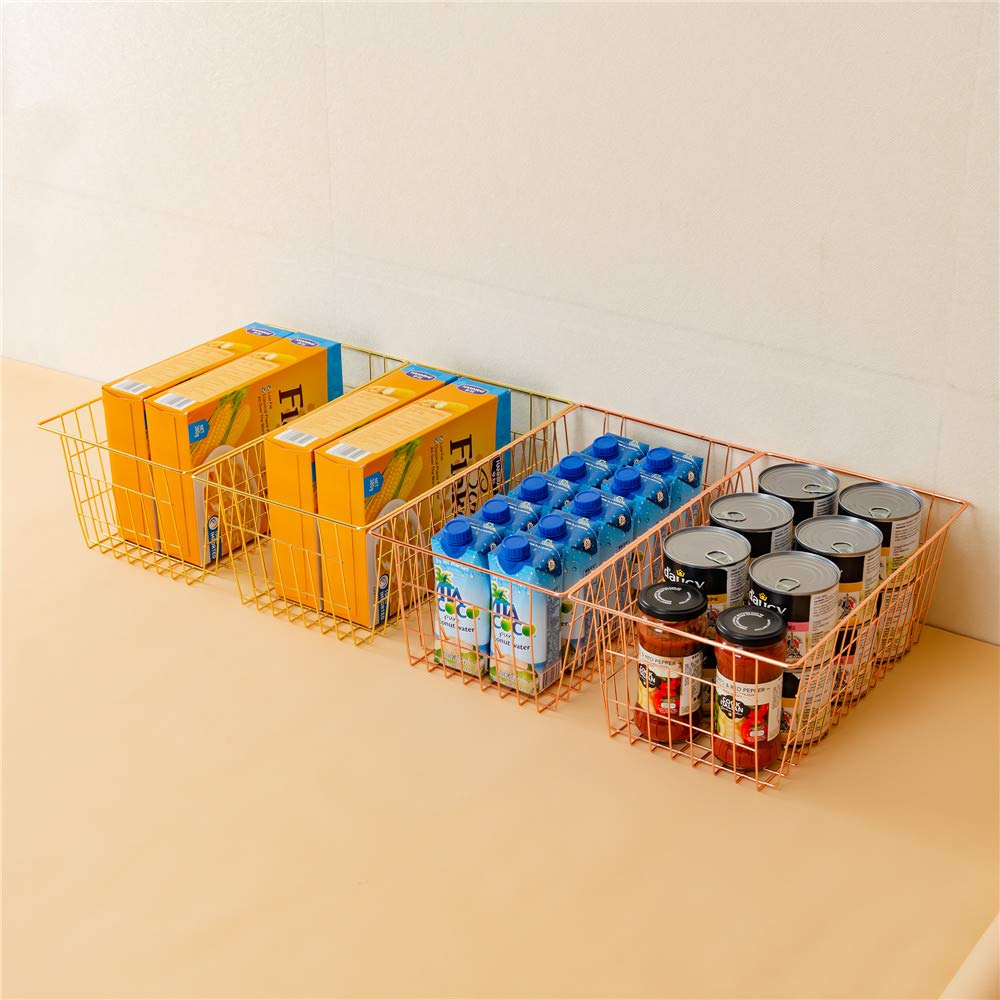 SANNO Wire Storage Basket, Household Storage Box, Small Item Storage Case, Refrigerator Compatible, with Handle, Rose Gold, Set of 2