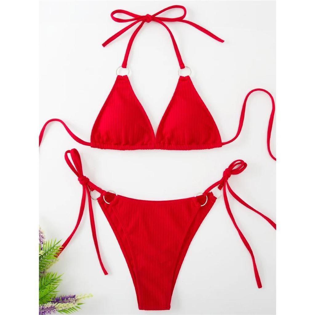 8 Colors Sexy Halter Strappy Ribbed Bikini Women Swimwear Female Swimsuit Two-pieces Bikini set Bather Bathing Suit Swim